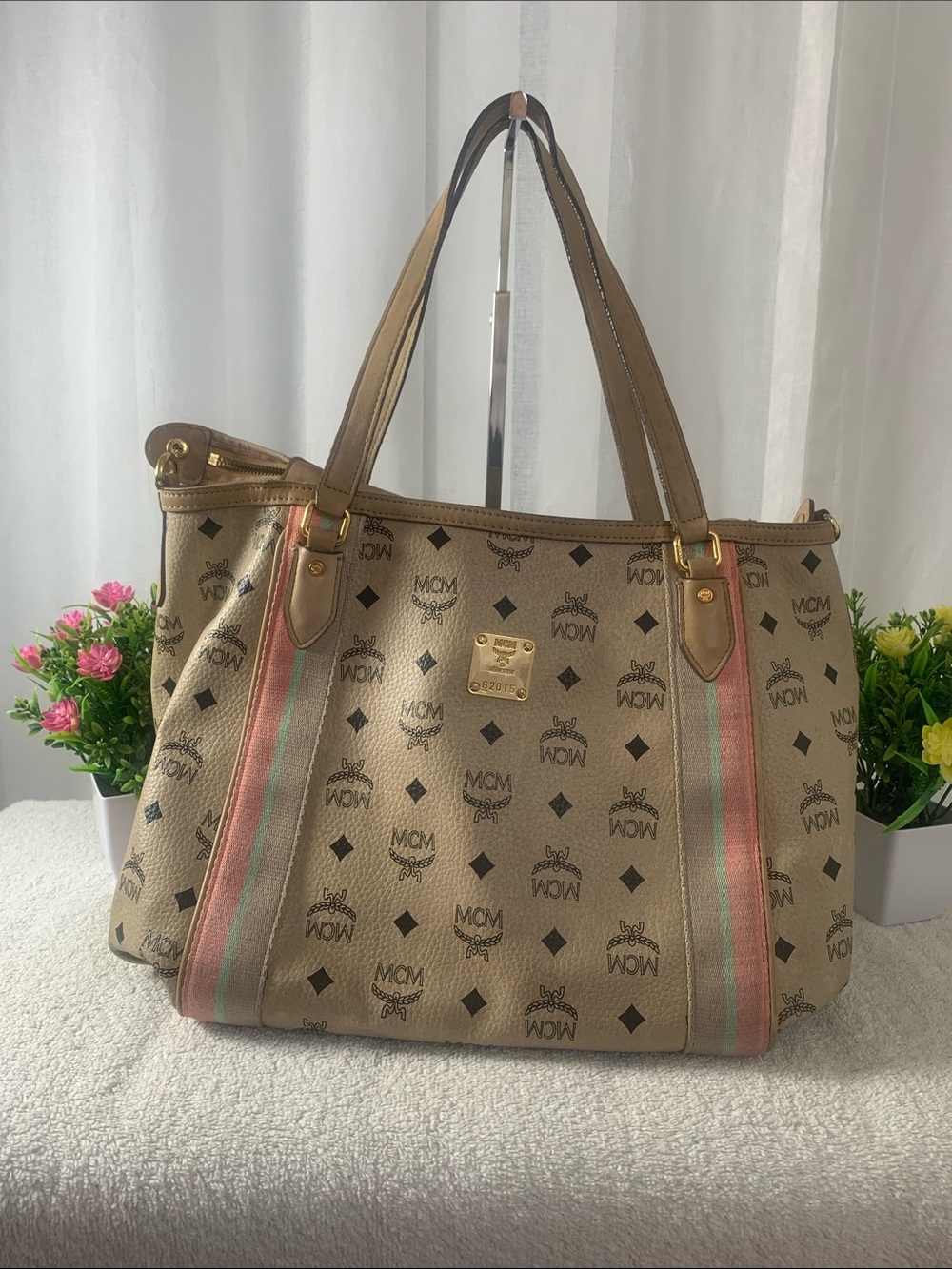 GUC MCM Beige+pink Anya Viseto Monogram Tote L 14” x H 10” x D 5.5”